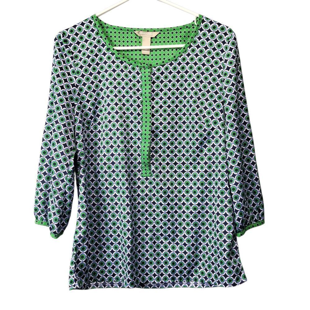 Banana Republic Geometric‎ Circle Print Blouse, Green Navy, Size Small